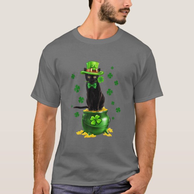 Black Cat Leprechaunss Hat Cat Guld Pot St Patrick T Shirt (Framsida)