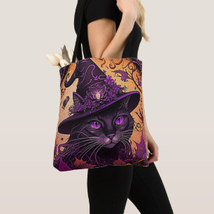 Black Cat Lila Ögon Witches Hat Halloween Tygkasse
