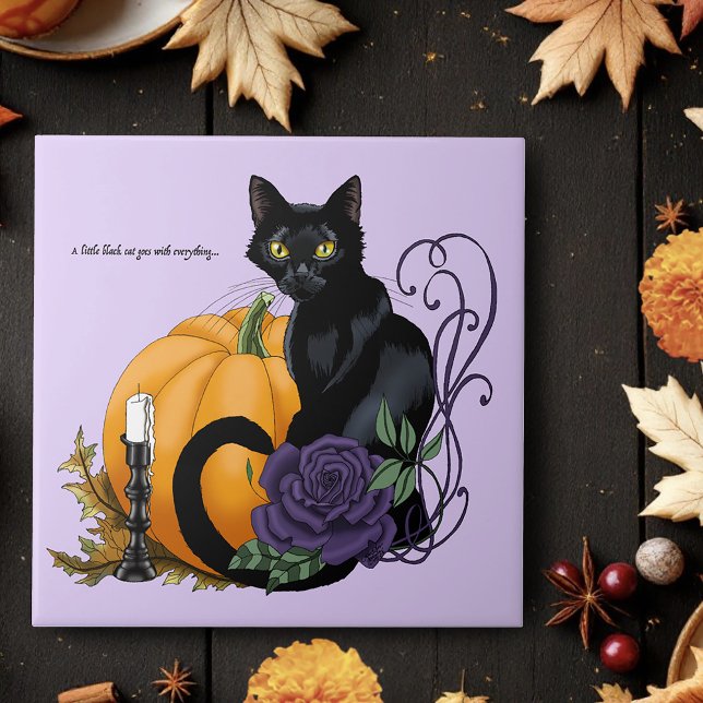 Black Cat Lila Ro Pumpkin Halloween Kakelplatta (Skapare uppladdad)