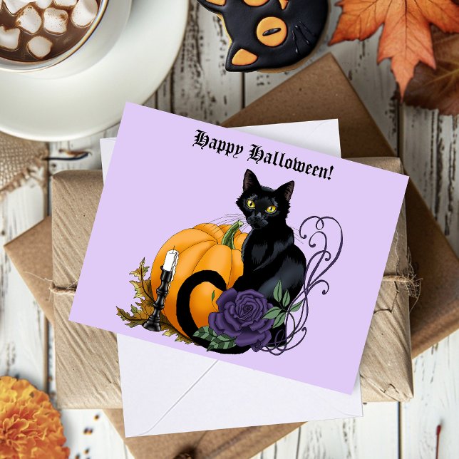 Black Cat Lila Ro Pumpkin Halloween Kort (Skapare uppladdad)