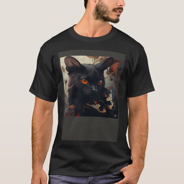 Black Cat Love Butterfly T Shirt (Framsida)