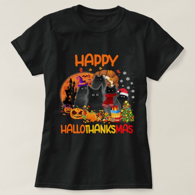 Black Cat Lycklig Hallothanksmas Halloween Thanksg T Shirt (Design framsida)