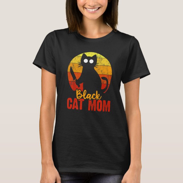 Black Cat Mamma Halloween Gore Meow med Bloody Kni T Shirt (Framsida)