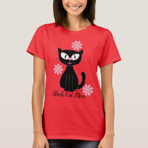 Black Cat Mamma med Söt Rosa Flowers Cat Lover T Shirt