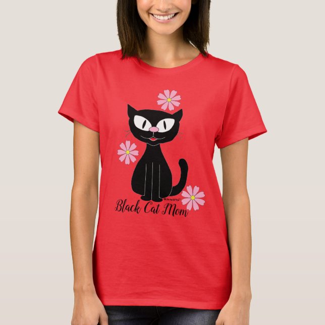 Black Cat Mamma med Söt Rosa Flowers Cat Lover T Shirt (Framsida)