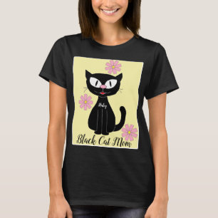 Black Cat Mamma med Söt Rosa Flowers Cat Lover T Shirt