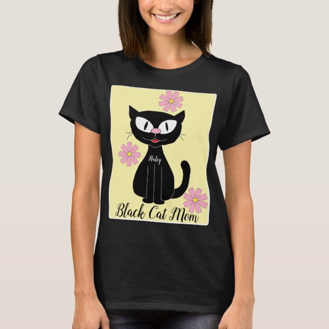 Black Cat Mamma med Söt Rosa Flowers Cat Lover T Shirt (Framsida)