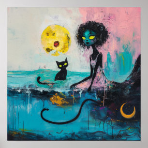 Black Cat Måne Magic Witchy AI Art Semi Gloss Poster
