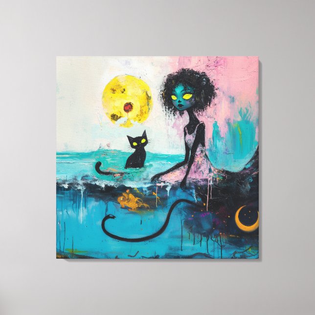 Black Cat Måne Ocean Rosa Magic Witchy AI Art Canvastryck (Framsida)