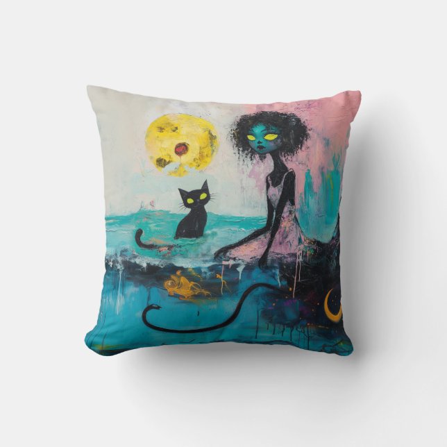 Black Cat Måne Ocean Rosa Magic Witchy AI Art Kudde (Framsida)