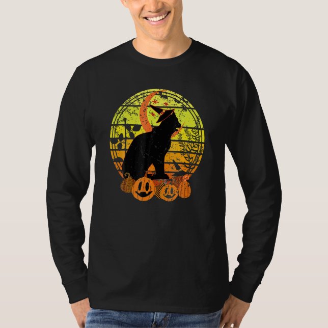 Black Cat Måne Pumpkin Witch Hat Halloween Scary V T Shirt (Framsida)
