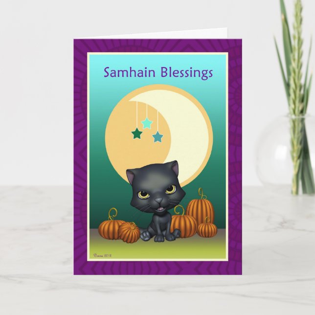 Black Cat Måne Samhain Blessens Greeting Card Kort (Framsida)