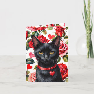 Black Cat Maximalist Roses & Hearts Pun Valentine Kort
