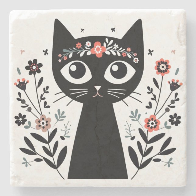 Black Cat med Big Ögon omgiven av blommor Stenunderlägg (Framsidan)