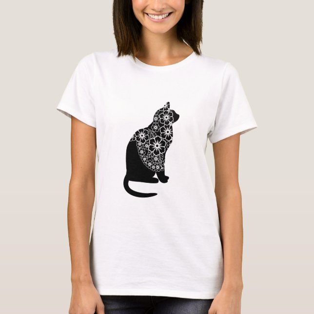 Black Cat med Blommigt Veil | Elegant Gothic Kattu T Shirt (Framsida)