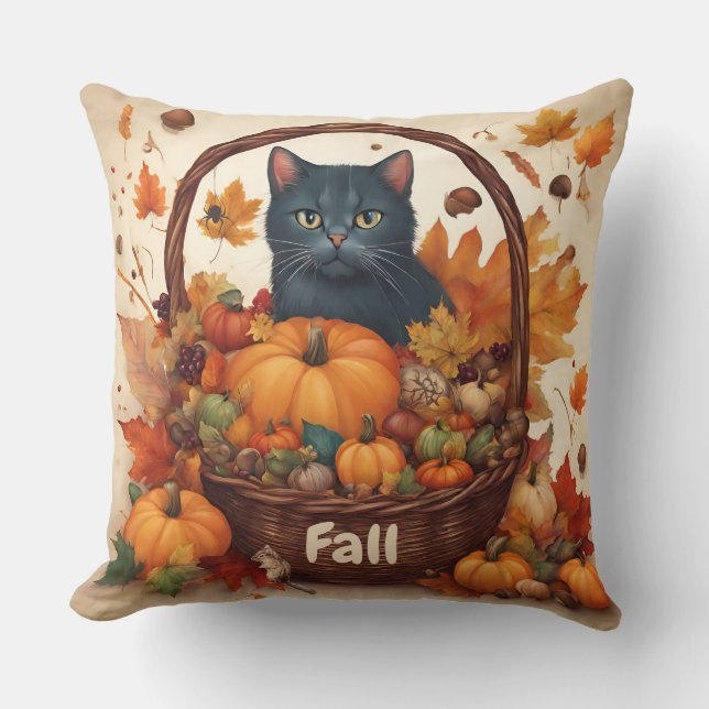 Black Cat med Fall Harvest Basket Brown Kudde (Framsida)