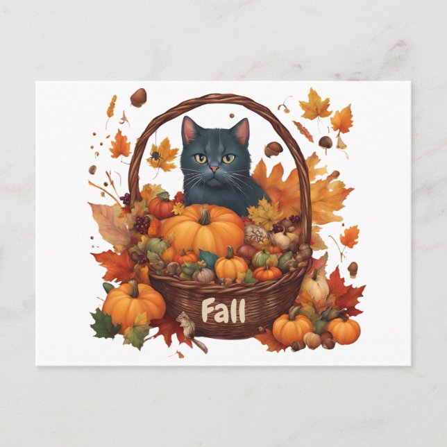 Black Cat med Fall Harvest Basket Vykort (Framsida)