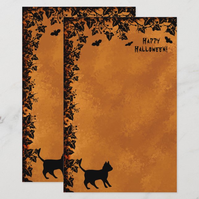 Black Cat med Fladdermus, Happy halloween! Brevpapper (Fram/baksida)