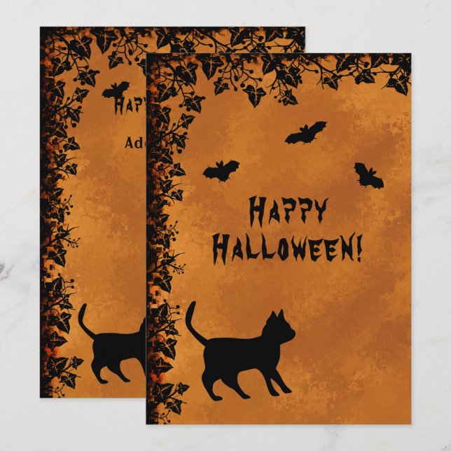 Black Cat med Fladdermus, Happy halloween Inbjudningar (Fram/baksida)