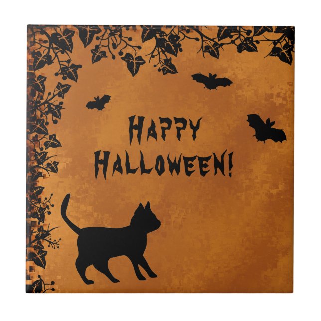 Black Cat med Fladdermus, Happy halloween Kakelplatta (Framsidan)