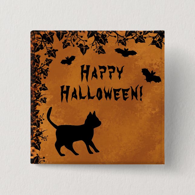 Black Cat med Fladdermus, Happy halloween Knapp (Framsida)