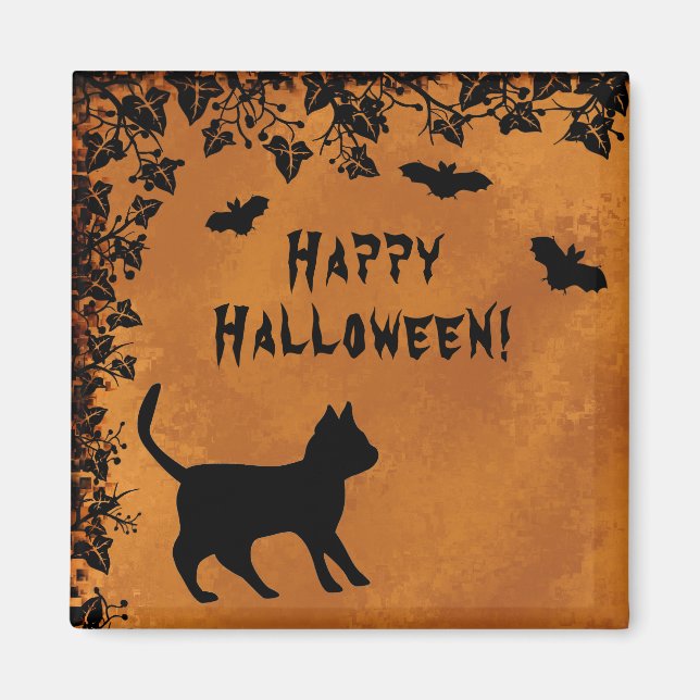 Black Cat med Fladdermus, Happy halloween Magnet (Framsidan)