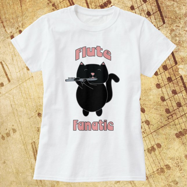 Black Cat med flute Fanatic Rosa T Shirt (A tshirt that says flute fanatic with a black cat playing the flute.)