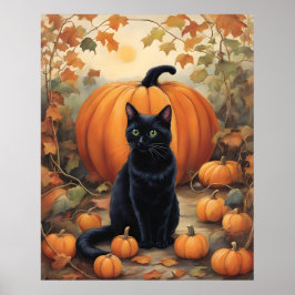 Black Cat med Halloween Pumpkin Poster