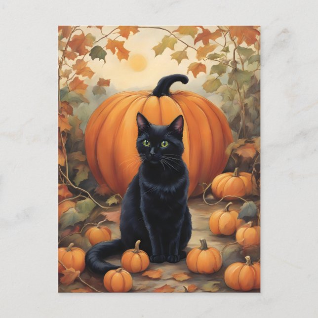 Black Cat med Halloween Pumpkin Vykort (Framsida)