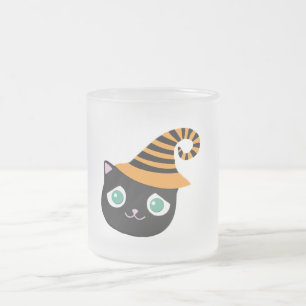 Black Cat med Ledsen Ögon och Whimsical Hat Frostad Glasmugg
