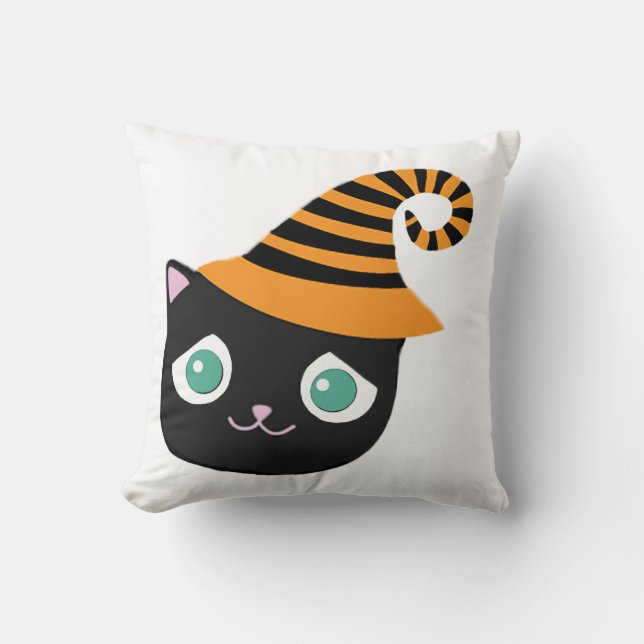 Black Cat med Ledsen Ögon och Whimsical Hat Kudde (Framsida)