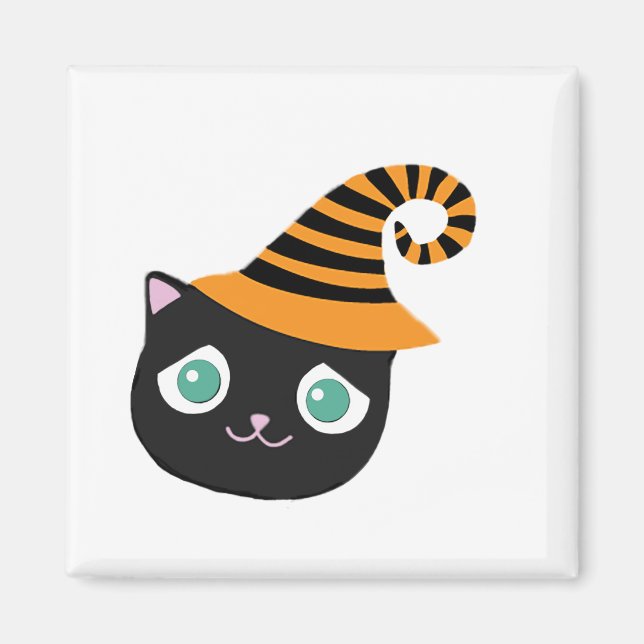 Black Cat med Ledsen Ögon och Whimsical Hat Magnet (Framsidan)