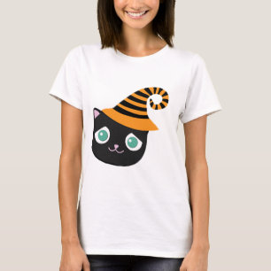 Black Cat med Ledsen Ögon och Whimsical Hat T Shirt