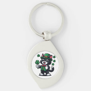 Black Cat med Lucky Klöver Swirl Silverfärgad Nyckelring
