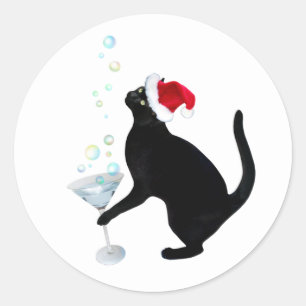 Black Cat med Martini Stickers Runt Klistermärke