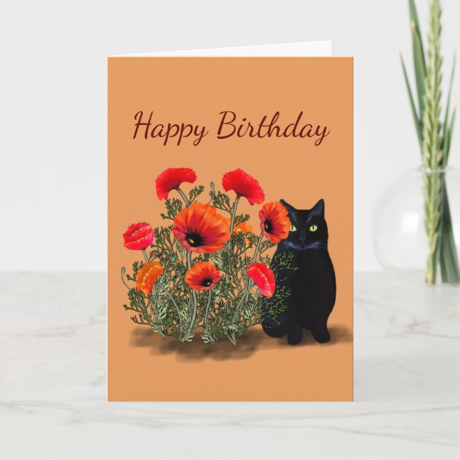Black Cat med Poppies Birthday Kort (Framsida)