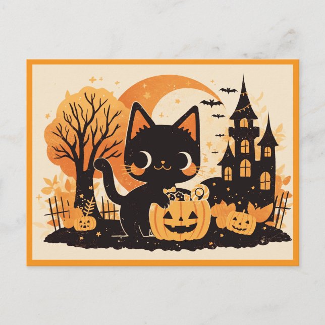 Black Cat med Pumpkin Candy Bucket Vykort (Framsida)