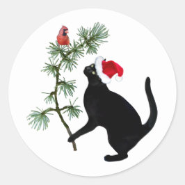 Black Cat med Red Bird i Julgran Stickers Runt Klistermärke