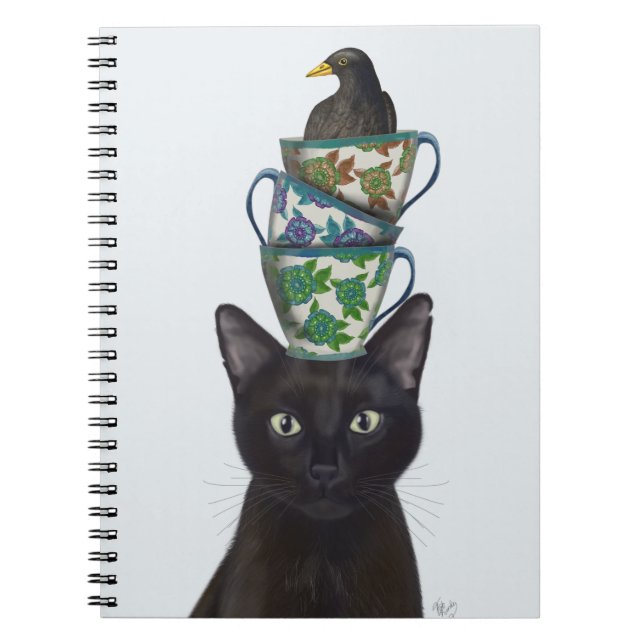 Black Cat med Tekopp och Blackbird Anteckningsbok (Framsidan)