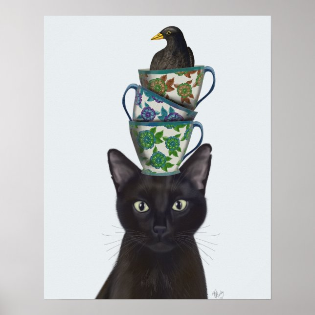 Black Cat med Tekopp och Blackbird Poster (Framsidan)