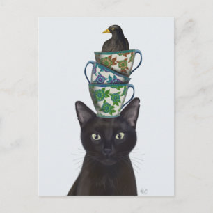 Black Cat med Tekopp och Blackbird Vykort
