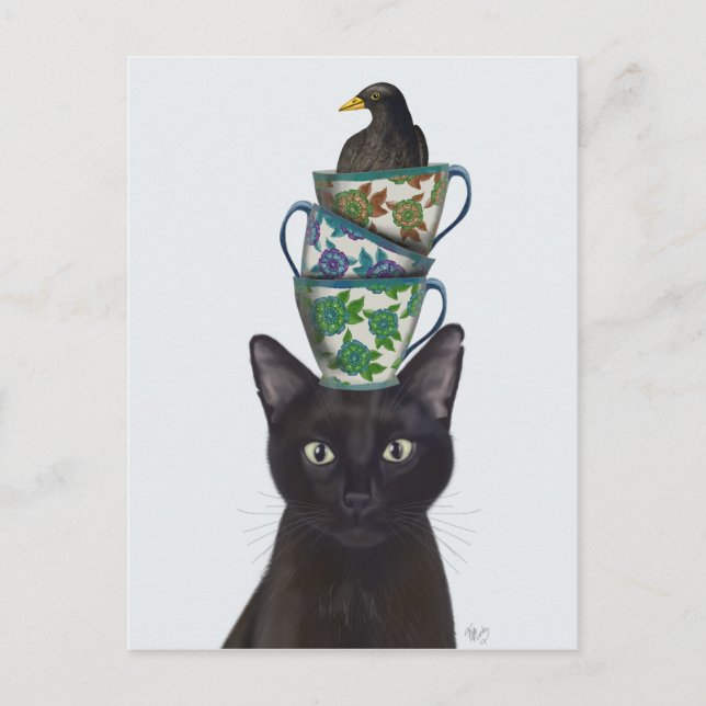 Black Cat med Tekopp och Blackbird Vykort (Framsida)