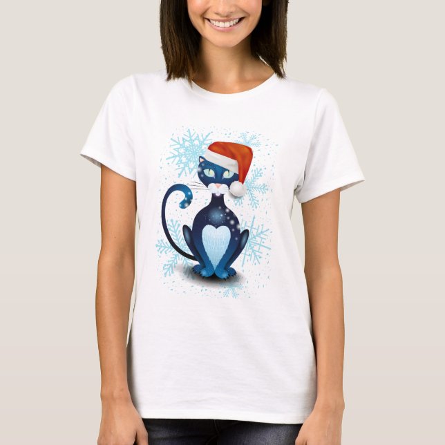 Black Cat med tomtens Hat T Shirt (Framsida)