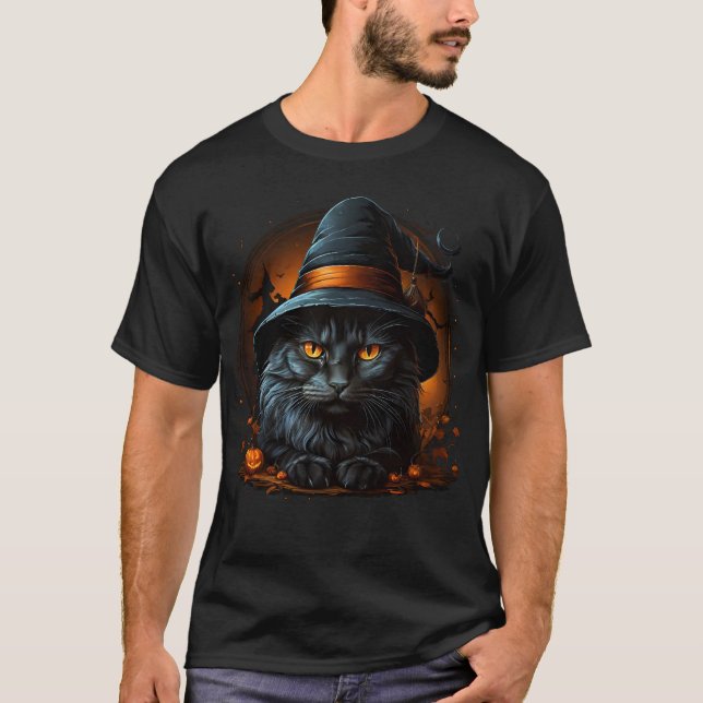 Black Cat med Witch Hat T Shirt (Framsida)