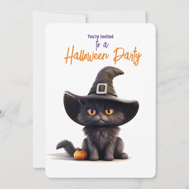 BLACK CAT MED WITCHES HAT Halloween fest Inbjudningar (Framsida)