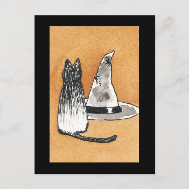 Black Cat med Witches Hat-vykort Vykort (Framsida)