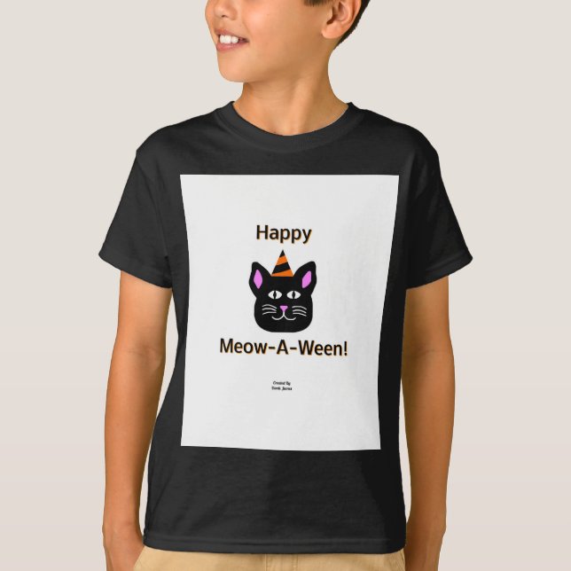 Black Cat Meow-A-Ween Boys Black Basic T Shirt (Framsida)