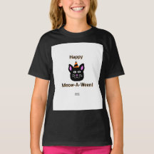 Black Cat Meow-A-Ween Girls Black Basic T Shirt