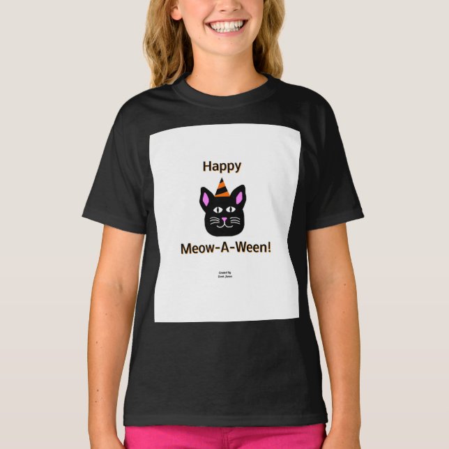 Black Cat Meow-A-Ween Girls Black Basic T Shirt (Framsida)