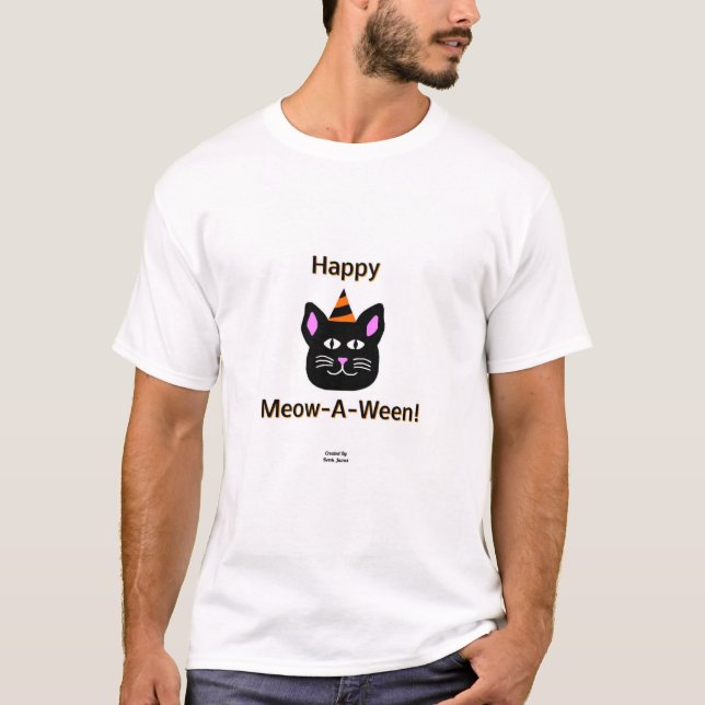 Black Cat Meow-A-Ween Manar White Basic T Shirt (Framsida)